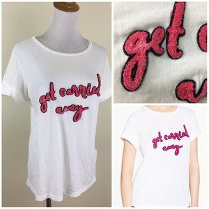 KATE SPADE White Dark Pink Black "GET CARRIED AWAY" Applique Cuffed Sleeve Shirt